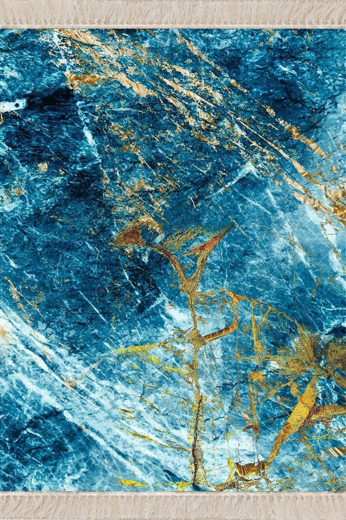 Pelangi Gold Detaylı Okyanus Esintili Dijital Baskı Yıkanabilir Modern Salon Halı, Mavi 120 x 160, 425472612016005