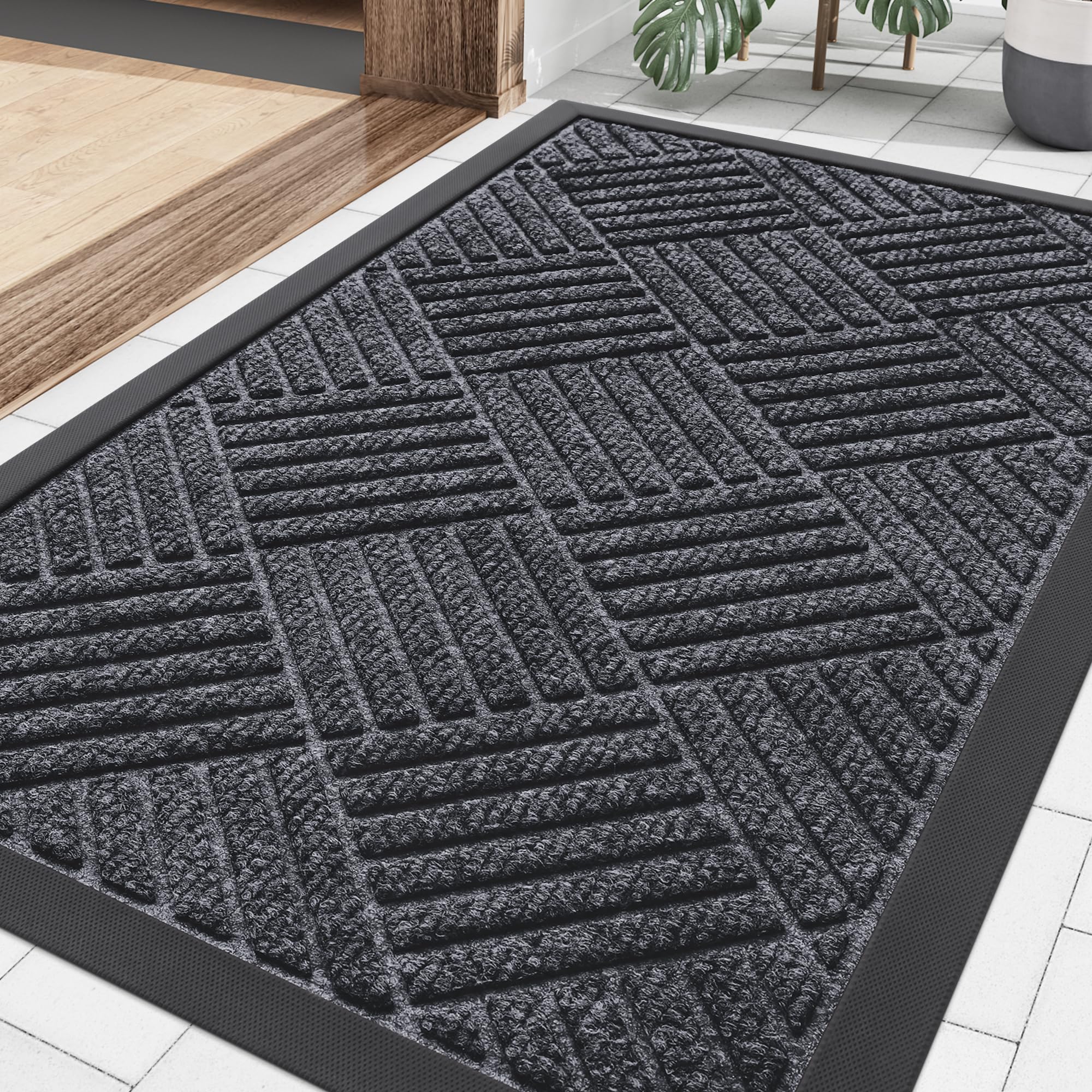 Smiry Front Door Mat Outside Entrance, Heavy Duty Outdoor Indoor Natural Rubber Doormat, Non Slip, Trap Dirt and Moisture, Easy Clean, Low Profile Patio Porch Entryway Mat, 29.5x17, Dark Grey