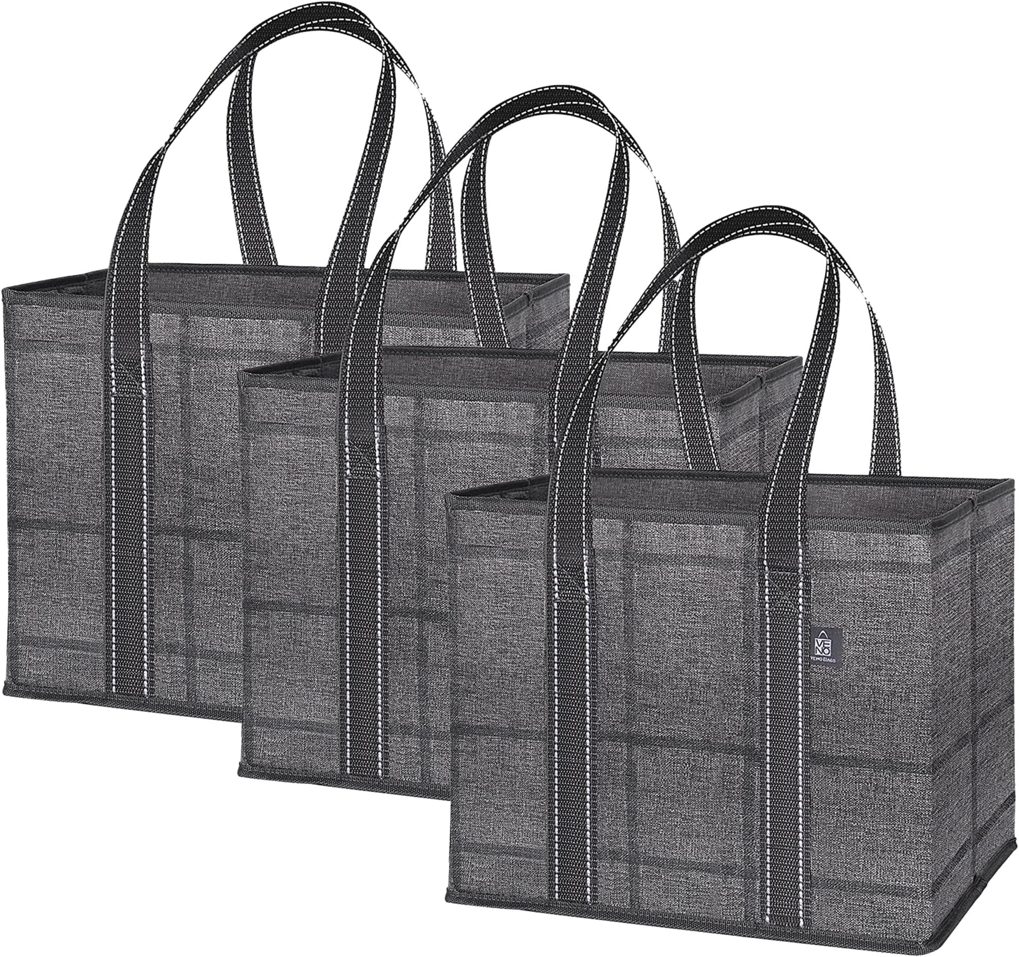 VENO 3 Pack Reusable Grocery Bags, Shopping Bags for groceries, Utility Tote with Handles and Hard Bottom, Foldable Shopping Cart Organizer, Multi-Purpose, Heavy-Duty (Black, 6 Gallon-3 Pack)