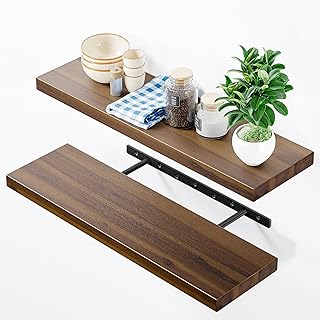 BATODA Set of 2 24" Acacia Floating Shelves for Wall – Rustic Farmhouse Wood Floating Shelf - Book Shelf for Wall & House Décor - DIY Floating Book Shelves - with Brackets & Hardware (Walnut Color)