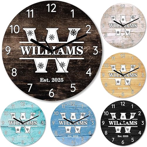 Ivyyvi Vintage Wood Panel Color Personalized Clocks with Monogrammed, Custom Silent Wall Clock Non Ticking, Wall Clocks Decorations for Kitchen,