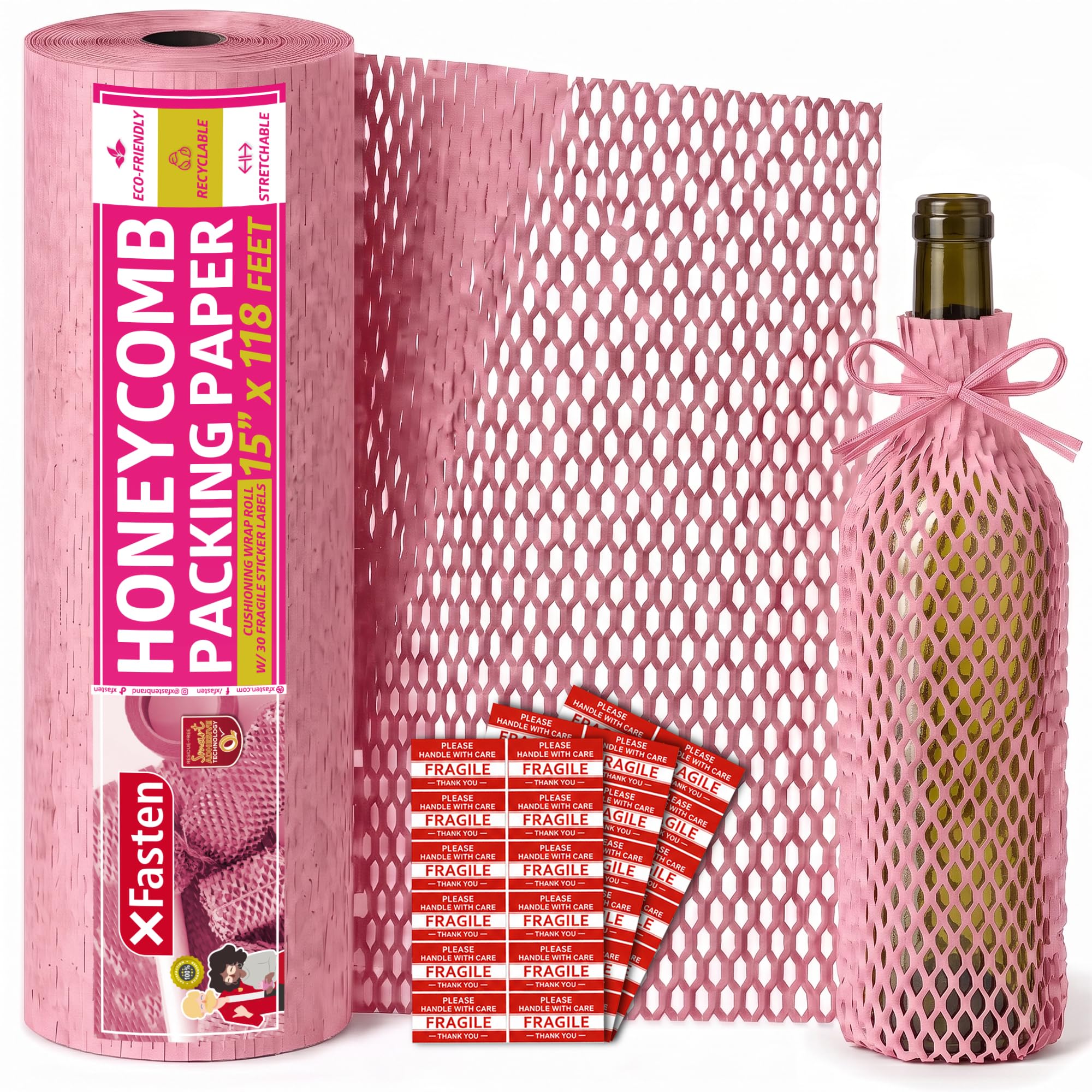 Pink Honeycomb Packing Paper for Moving 15-Inch x 118-Feet Bubble Honeycomb Wrap, Honeycomb Wrapping Paper for Packing Cushion with 30 Fragile Stickers Packing Supplies by Xfasten