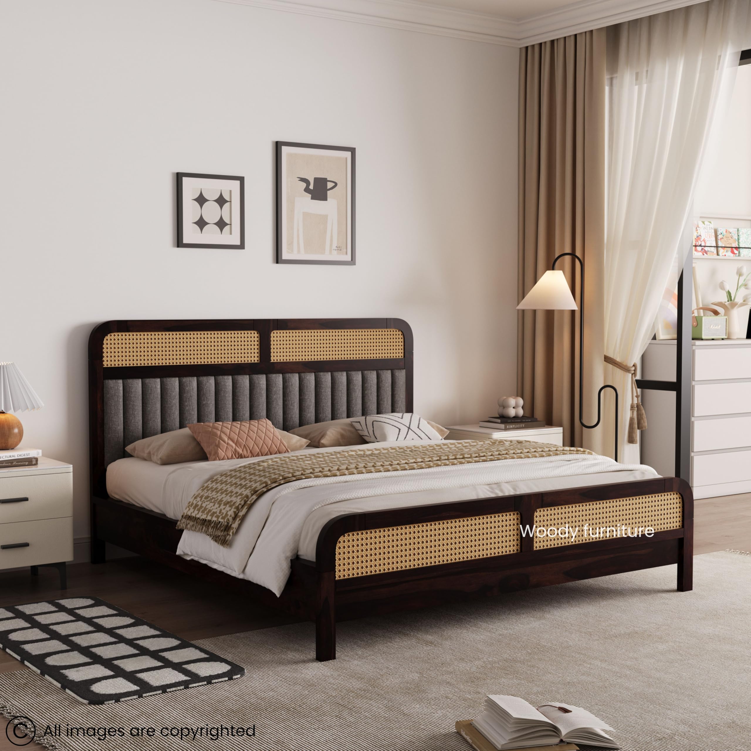 WOODY Furniture™ Solid Wood King Size Bed Without Storage | Sheesham Wood Rattan Cane Double Bed Cot Palang with Upholstered Headboard for Living Room Bedroom Home (Walnut Finish)-image-29