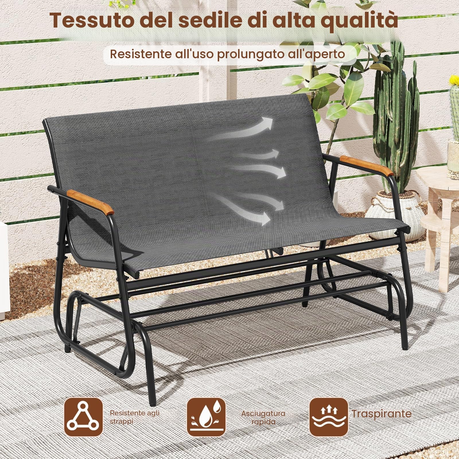 KOMFOTTEU Panca da giardino da 2/3 posti, in tessuto con braccioli curvi, panca per seduta fino a 300/450 kg, panca da giardino, balcone (74 x 115 x 84 cm)