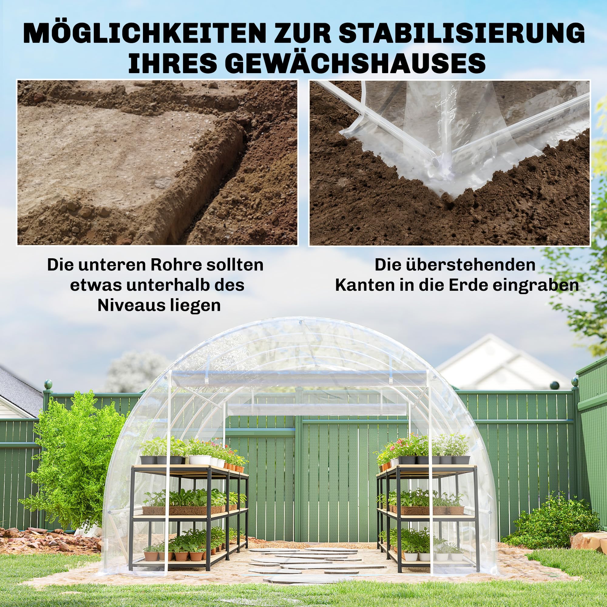 Outsunny Gewächshaus ca. 4 x 3 x 2 m Foliengewächshaus mit Breiter Rollbar Reißverschlusstür, Stützstangen Verlängerte Kanten 150g/m² PE UV-beständig Folientunnel, Winterfest Tomatenhaus, Transparent