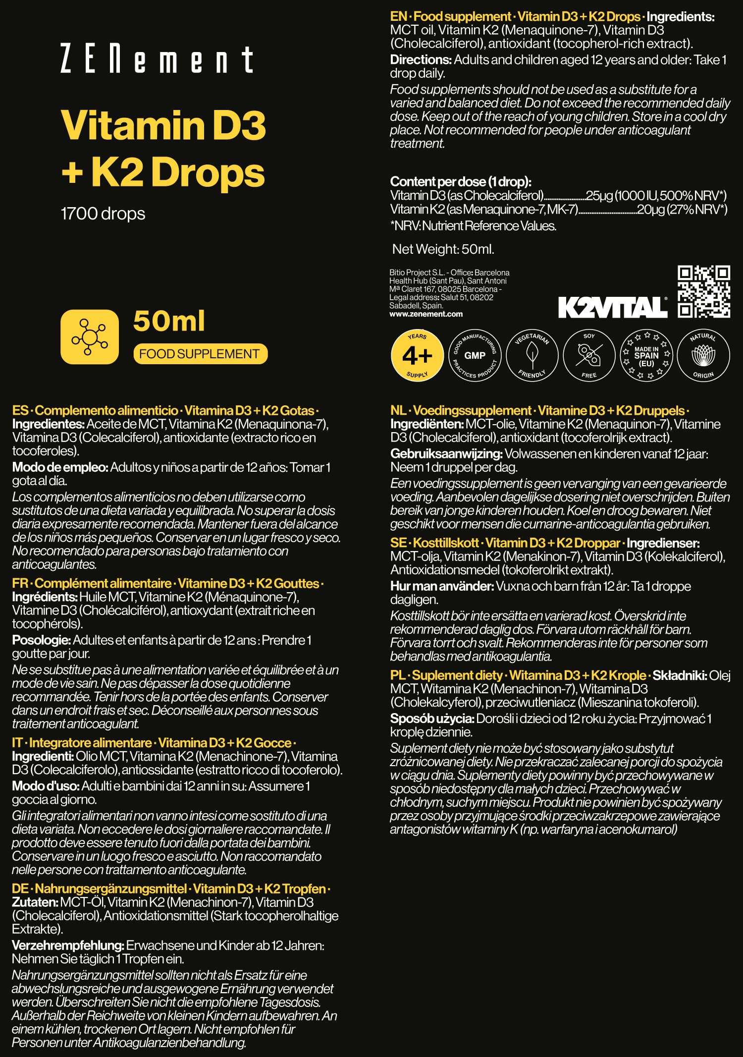 Vitamina D3 + K2 Gotas - Ingredientes Premium K2VITAL® MK-7 All-Trans 99,7% y Vitamina D3 Natural de Lanolina - para los Huesos y el Sistema Inmunitario - 1700 Gotas (50 ml) - Zenement