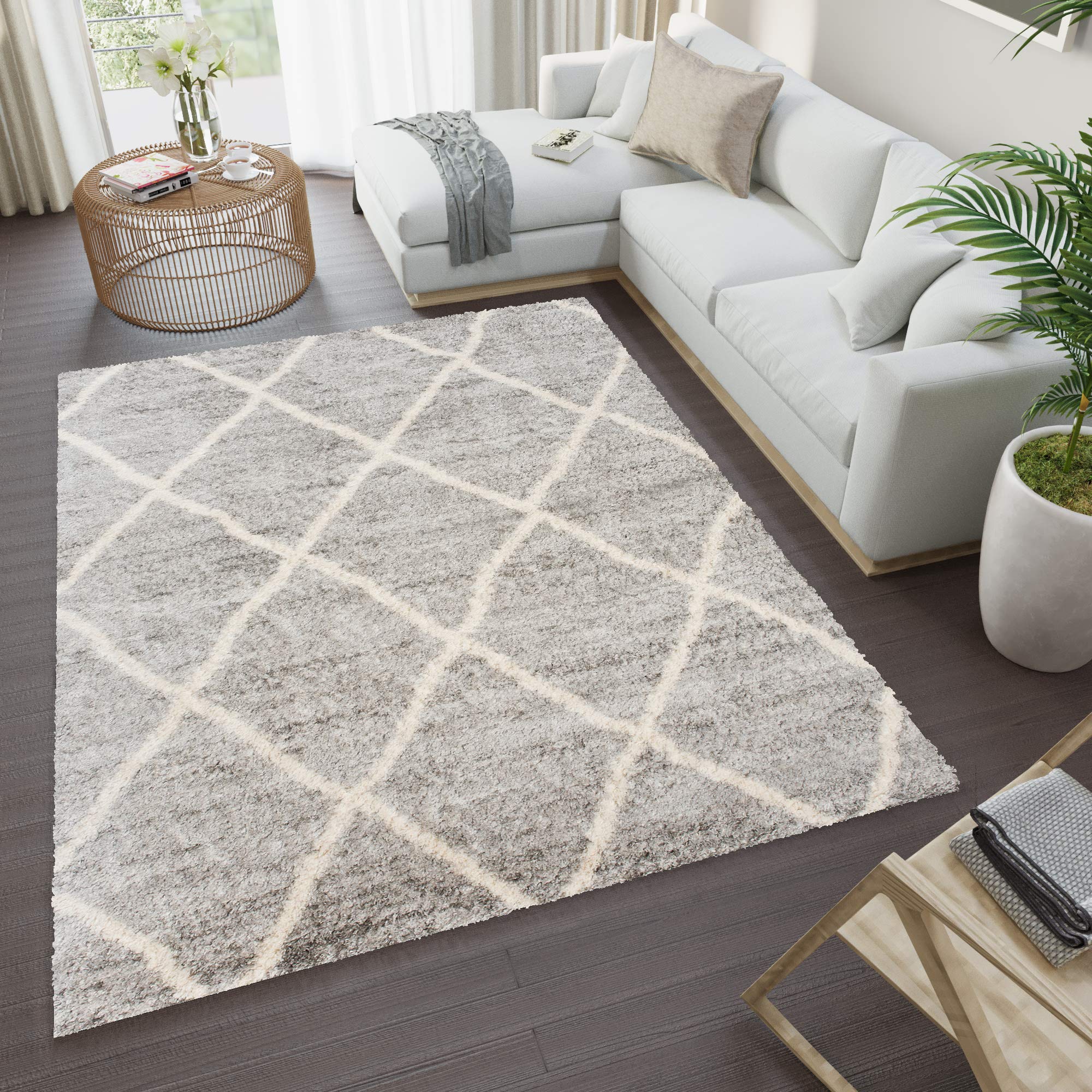 TAPISO Versay Alfombra Shaggy de Pelo Largo Gris Crema Enrejado Suave Mullida Diseño Moderno Alfombra de Salón Dormitorio Habitación Infantil Sala de Estar 200 x 300 cm
