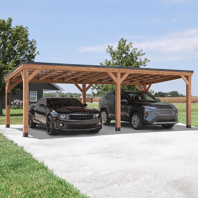 Large Backyard Discovery Arcadia 24 by 12 foot cedar wood gazebo with black galvanized steel roof on a modern patio