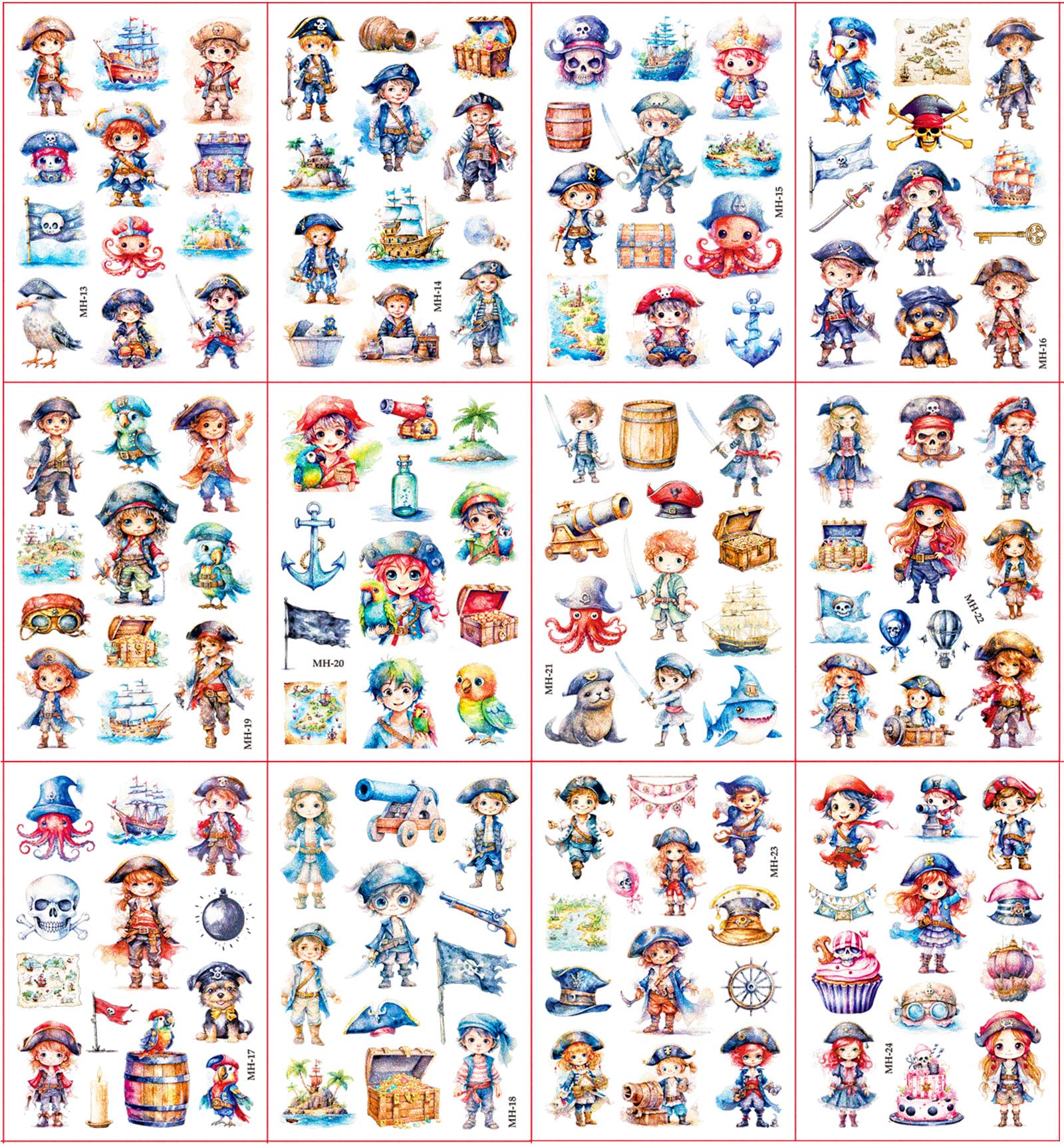 Pirate Glitter Tattoo for Kids 12 Sheets Temporary Tattoos for Kids Pirates Gifts for Girls Boys Pirate Party Decorations - Image 2