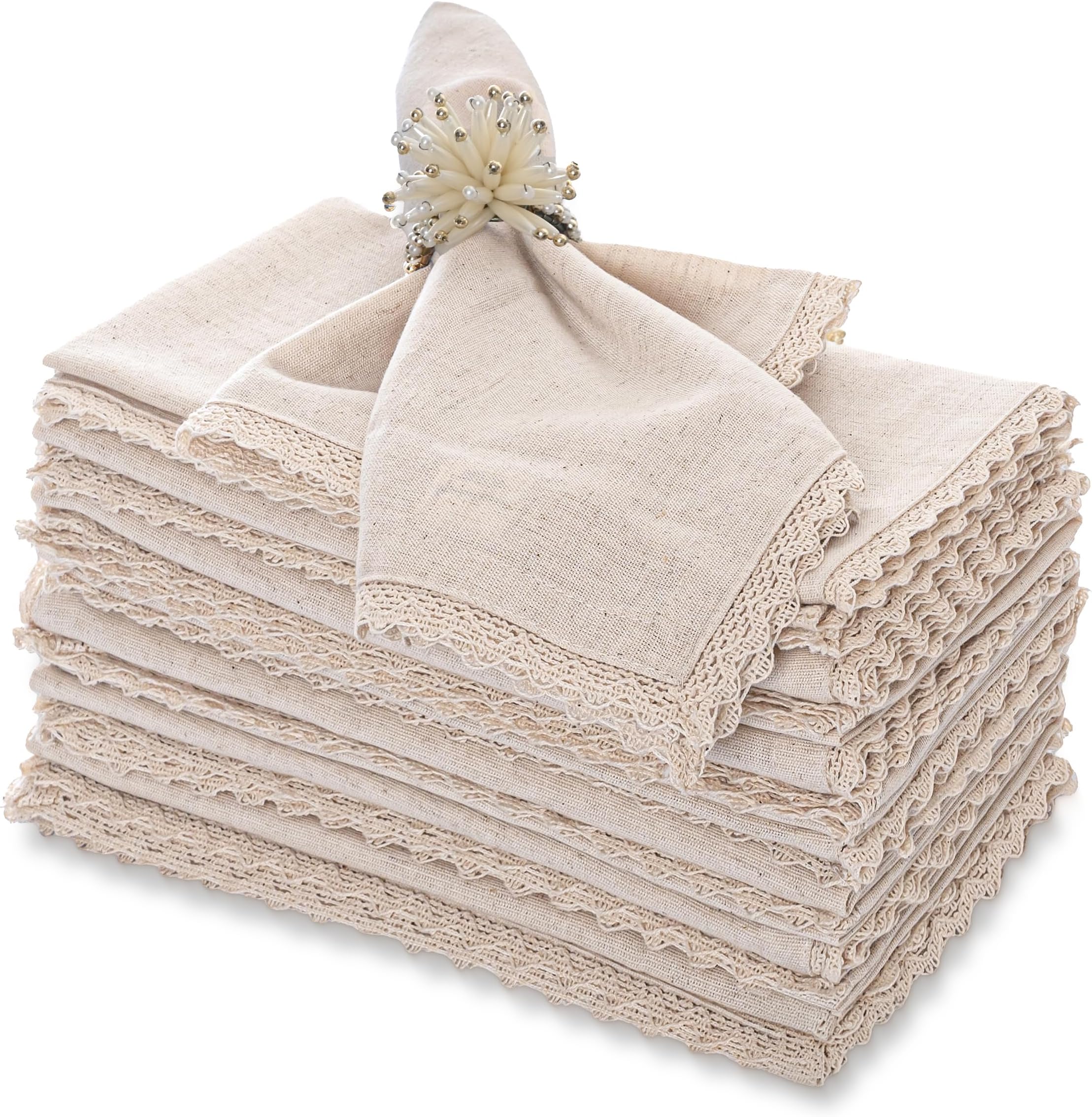 FINGERCRAFT Lace Trim Cloth Napkins Set of 12, 20x20 Inch Cotton Linen Blend Dinner Napkins, Reusable Washable Table Napkins for Wedding, Farmhouse Dining, Parties & Home Decor (Ivory)