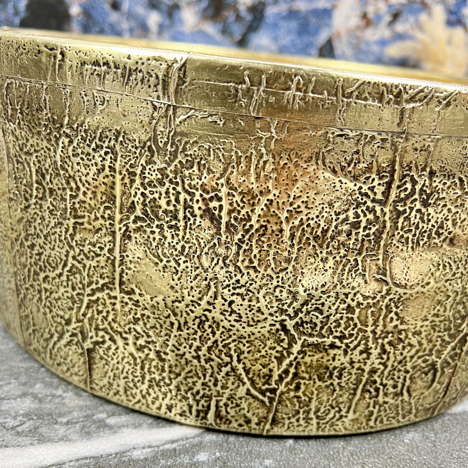 Golden Yellow Ceramic Bathroom Sink with Textured Brass Exterior - Hand-Painted Round Countertop Farmhouse Sink Wrapped With Brass (Purple, 8in = 20cm)