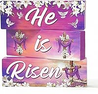 Vista 8 de Juego de 3 letreros de mesa de madera con texto en inglés "He Is Risen" para decoración de mesa de madera de Pascua, centro de mesa religioso