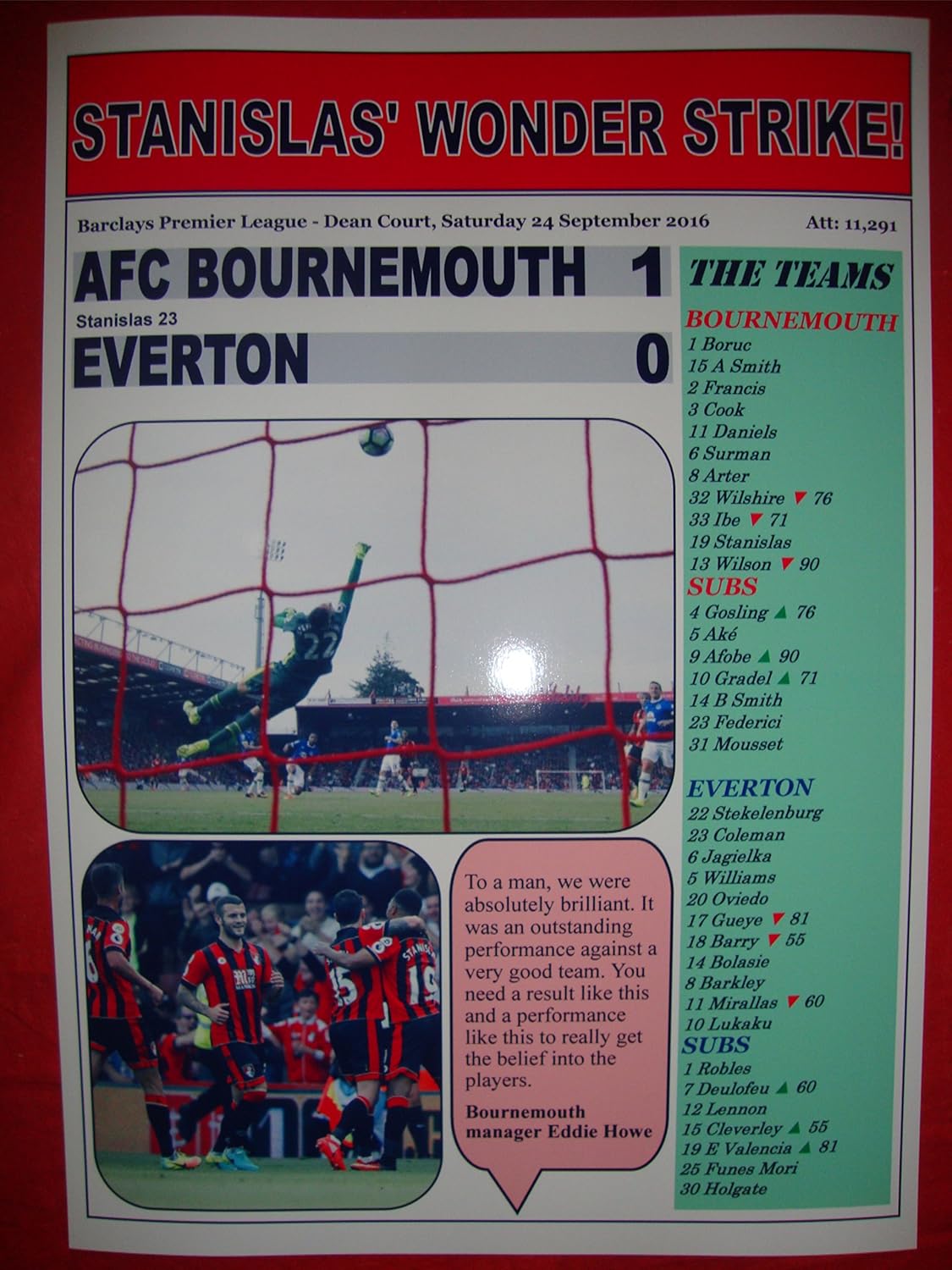 AFC Bournemouth 1 Everton 0 - 2016 - souvenir print