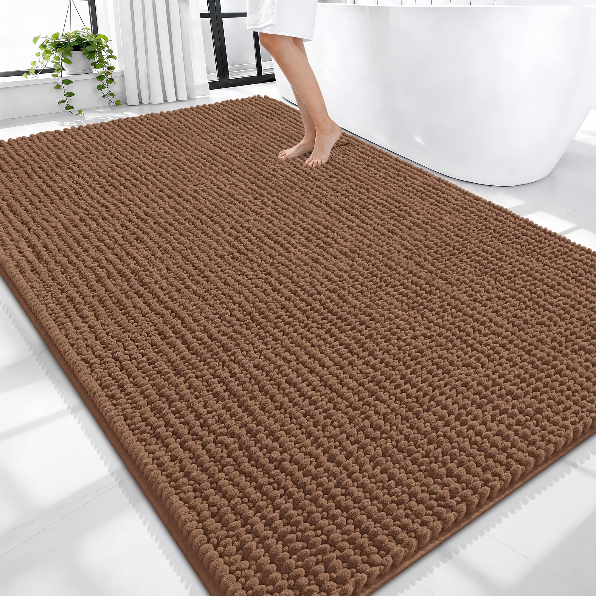 OLANLY Thick Chenille Large Bathroom Rugs 70x46, Absorbent Bath Mat, Mocha