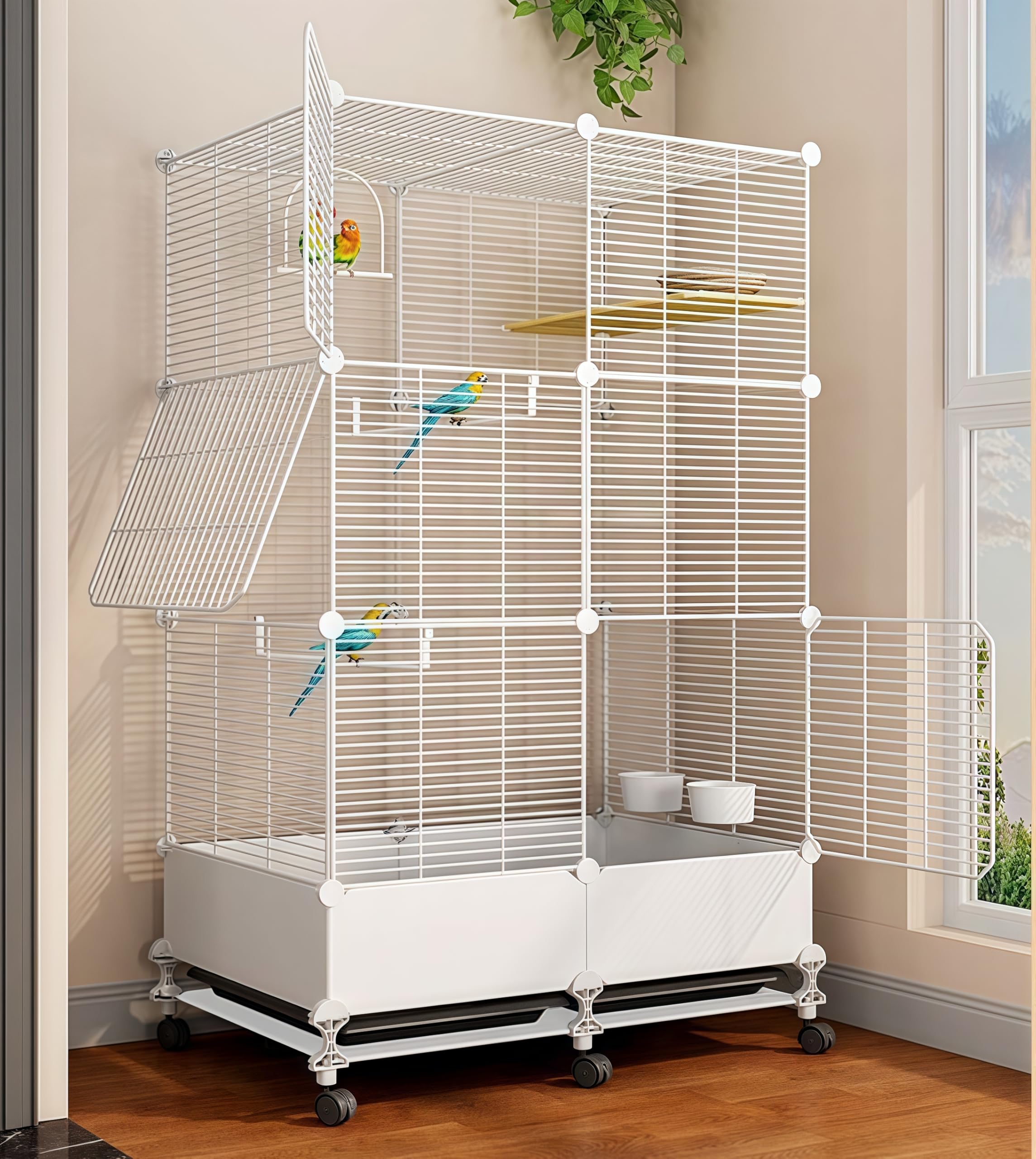 MissTiara Bird Cage for Parakeets,Parrotlets, Cockatiels, Budgie Finch Lovebird Canary Pet Bird,Splash-proof food, Easy to install and clean,Accessories included (white)