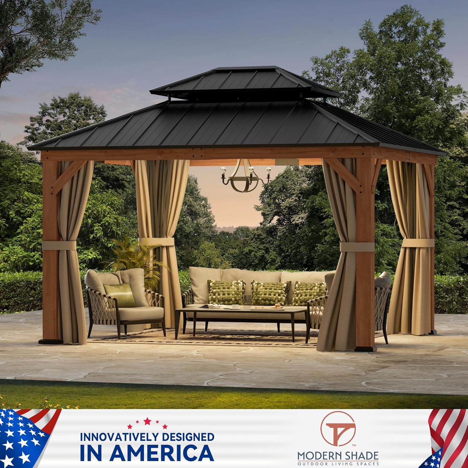 Modern Shade Rosewood Wood Gazebo 10' x 12', Permanent Hardtop Gazebo with Double Galvanized Steel Roof, Mosquito Netting and Yard-Dyed Curtains, Cedar Outdoor Gazebo with Sturdy Hooks for Backyard
