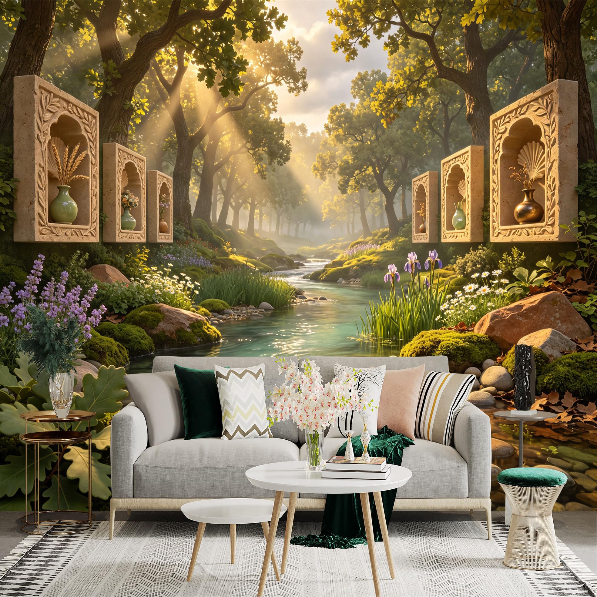Lnzczhyre Bh260719052 Custom Size Wall Sticker Mural， Enchanted Forest Stream With Stone Wall Niches And Sunlight， For Wall Decoration， Peelandstick Wall Decals.