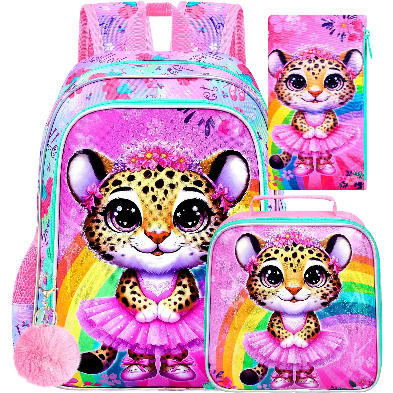 CCJPX 3PCS Ballet Backpack for Girls, 16 Inch Kids Leopard Water Resistant Preschool Bookbags, Cute Elementary Kindergarten School Backpacks and Lunch