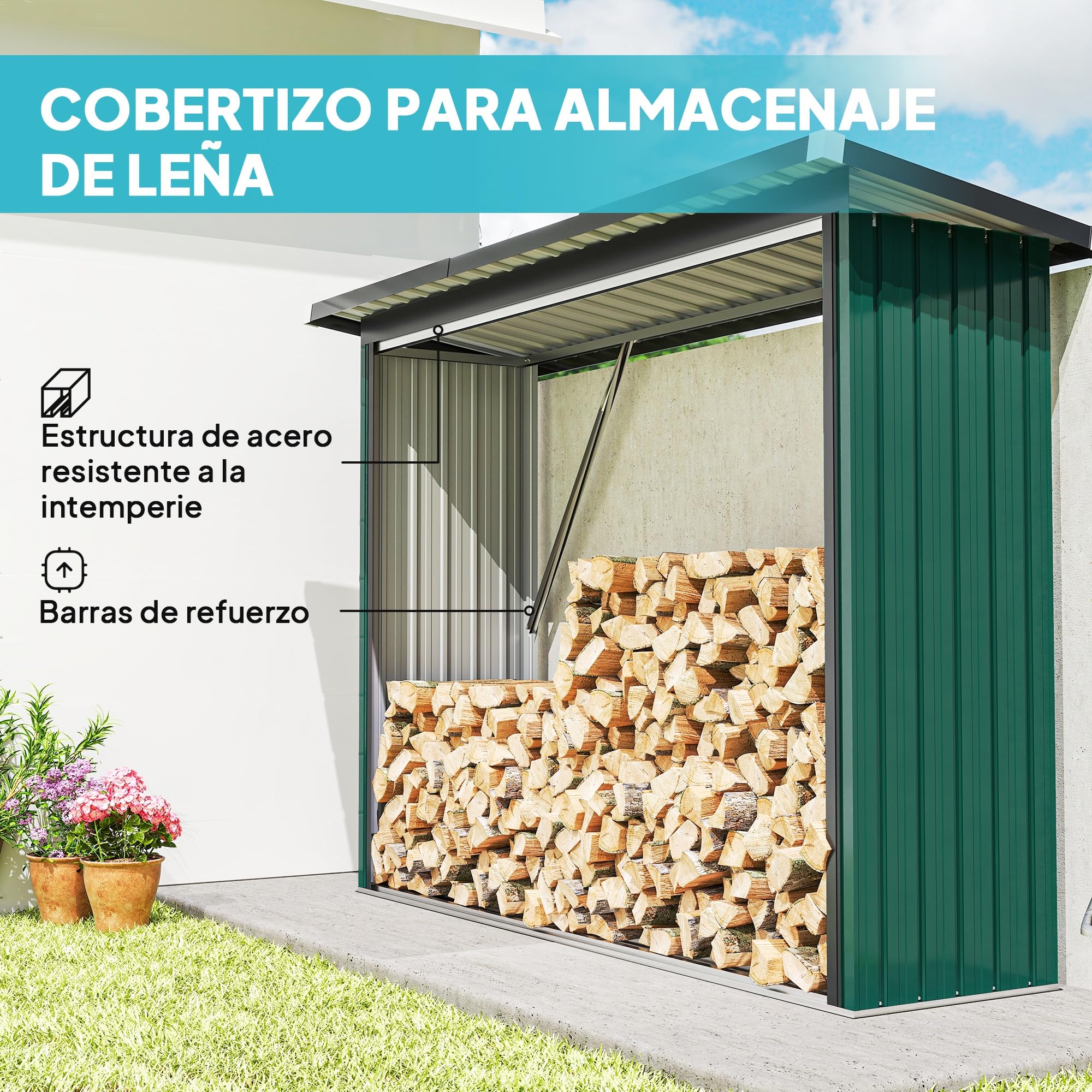 Outsunny Casetilla para Leña de Acero Galvanizado con Base Elevada y Techo Inclinado Cobertizo Leñero Exterior de Almacenamiento de Troncos 213x66,5x150 cm Verde