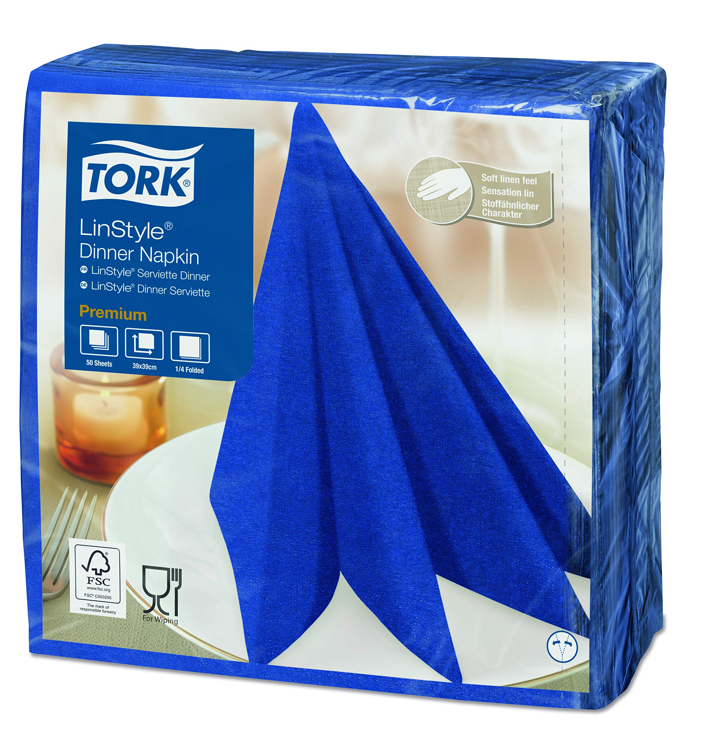Tork 478856 LinStyle Tovagliolo Dinner blu scuro Premium (piegato in 4), monovelo, 12 pacchi x 50 tovaglioli (600 pz), 39 cm (lungh.) x 39 cm (largh.)