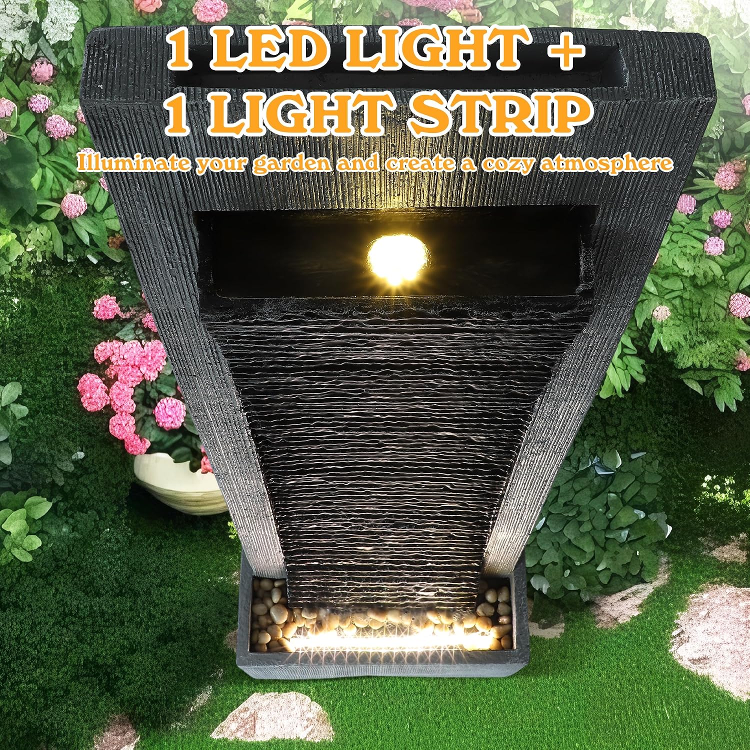 49.6" H Modern Curved Faux Slate Waterfall Fountain, Indoor/Outdoor Freestanding Fountains with LED Lights and Pump, Floor Standing Water Fountains with Pebbles for Patio, Garden, Porch