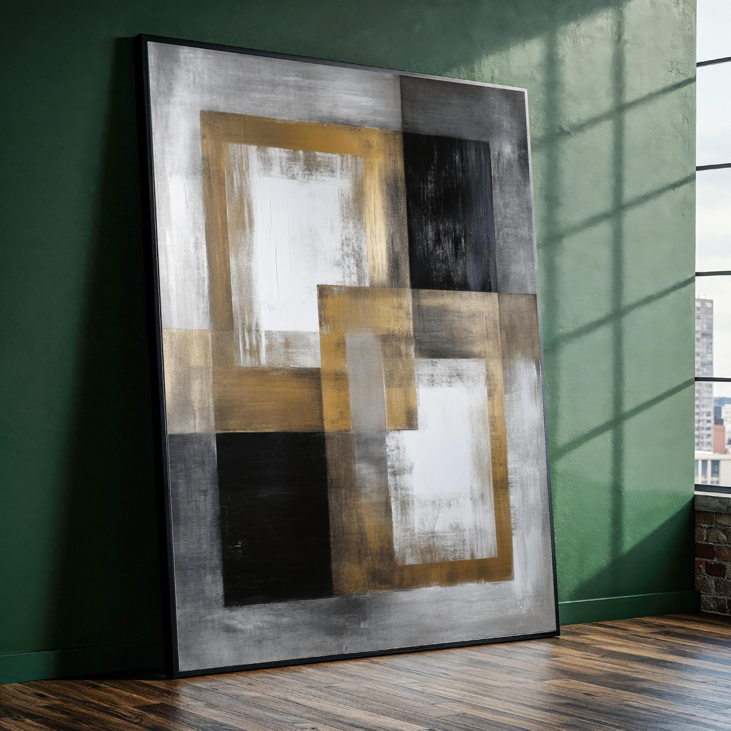 XINBAO Abstract Geometry Canvas Wall Art, Gold Black White Squares, Contemporary Home Decor, Ready to Hang Artwork Painting(50x75cm/Frameless)