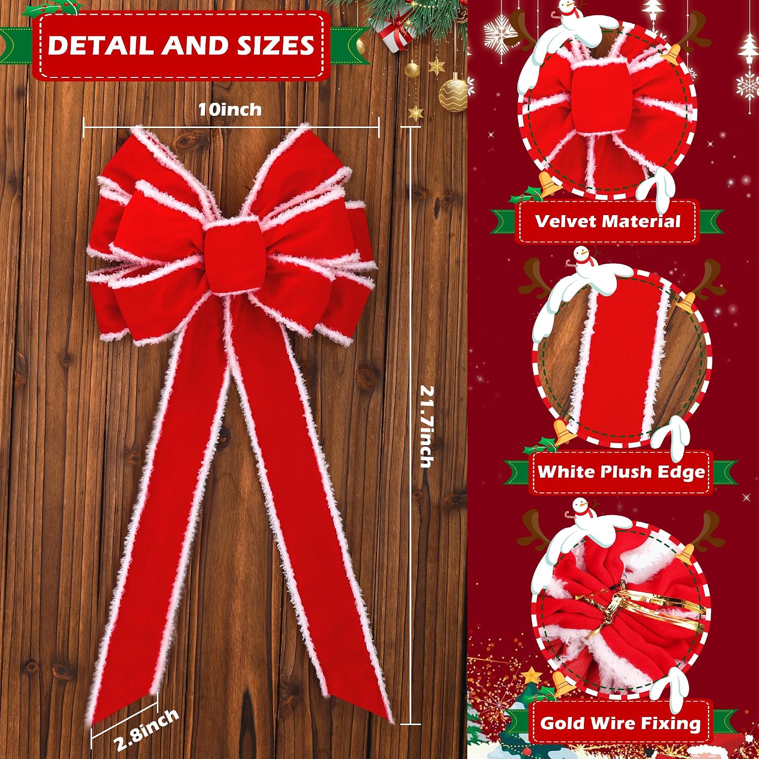 Large Red Christmas Bow: 10'' x 21'' Large Christmas Tree Topper Bow Red Velvet Bow with White Edge for Wreath Garland Stair Fireplace Home Indoor Outdoor Xmas Decoration (1 Packs)
