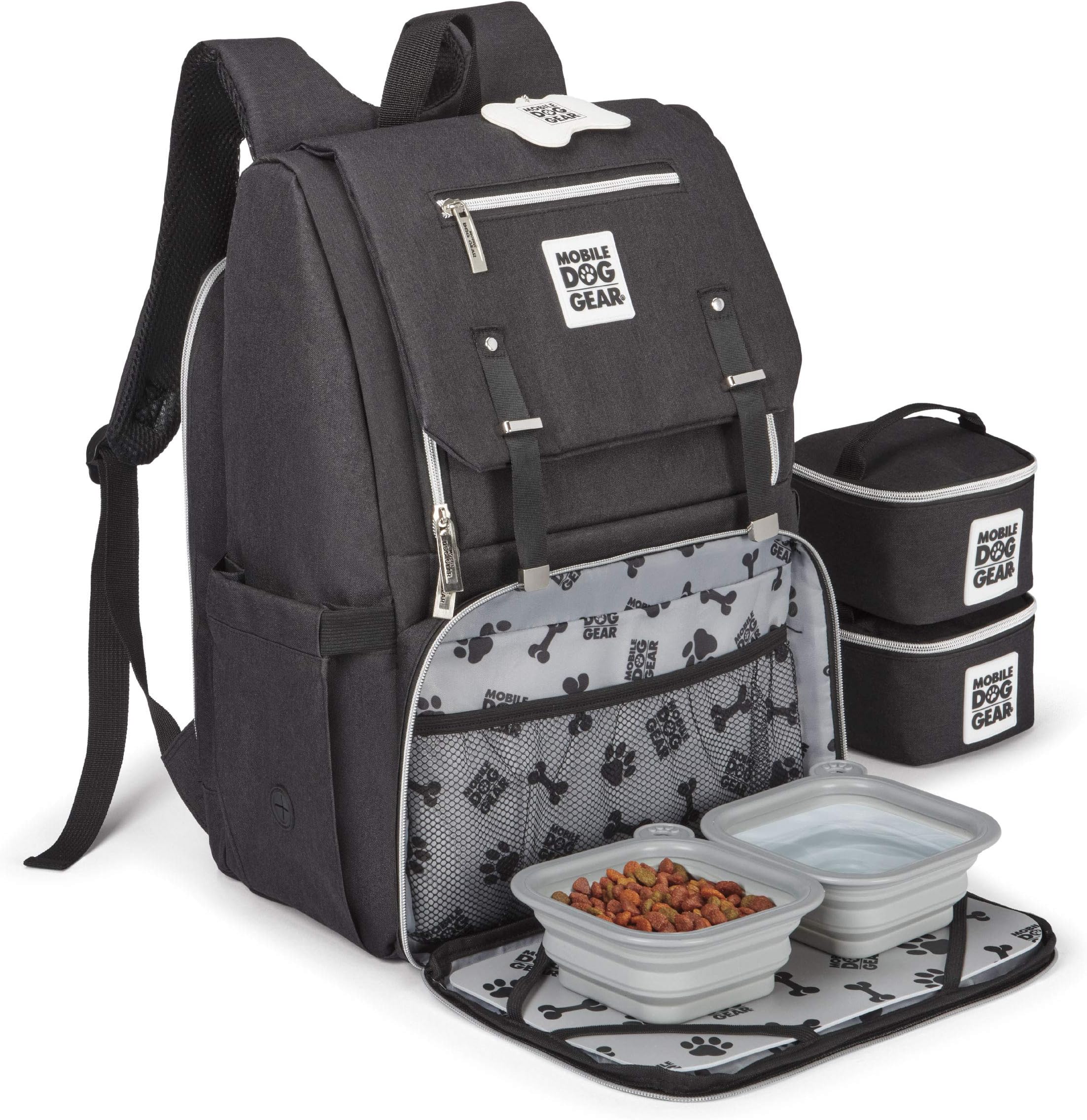 Mobile Dog Gear, Ultimate Week Away Backpack, Includes 2 Food Carriers and 2 Collapsible Silicone Bowls, Heathered Black