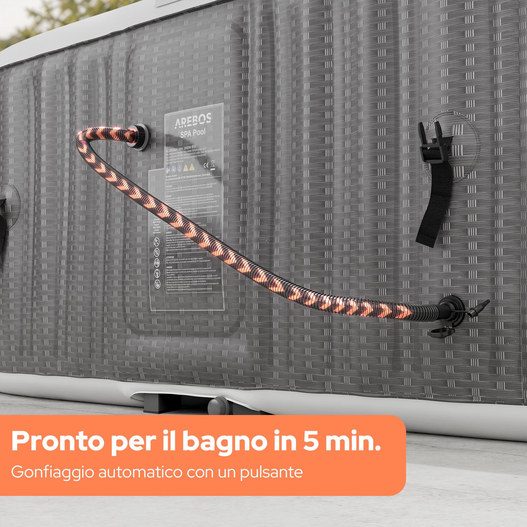 Arebos Spa idromassaggio 2400W | Piscina all'aperto | per 6 persone 185x185cm | 130 getti massaggianti | 910 L con riscaldamento | Funzione di gonfiaggio con un pulsante | Copertura inclusa | Bubble S