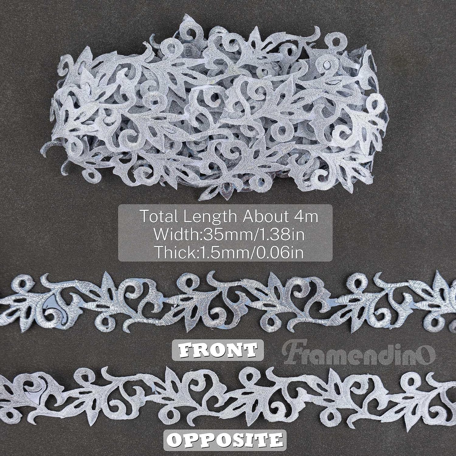 Framendino, Silver Flower Embroidery Polyester Ribbons Metallic Floral Lace Trim Applique Iron on Patches for DIY Sewing 4.37 Yards