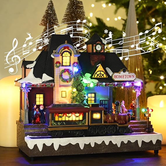 Valery Madelyn Christmas Village House Decorations, Battery Operated Train Station with Music, LED Lights and Moving Train, for Christmas Home Gift Decor, Vintage Christmas Hometown, 11.6 Inch