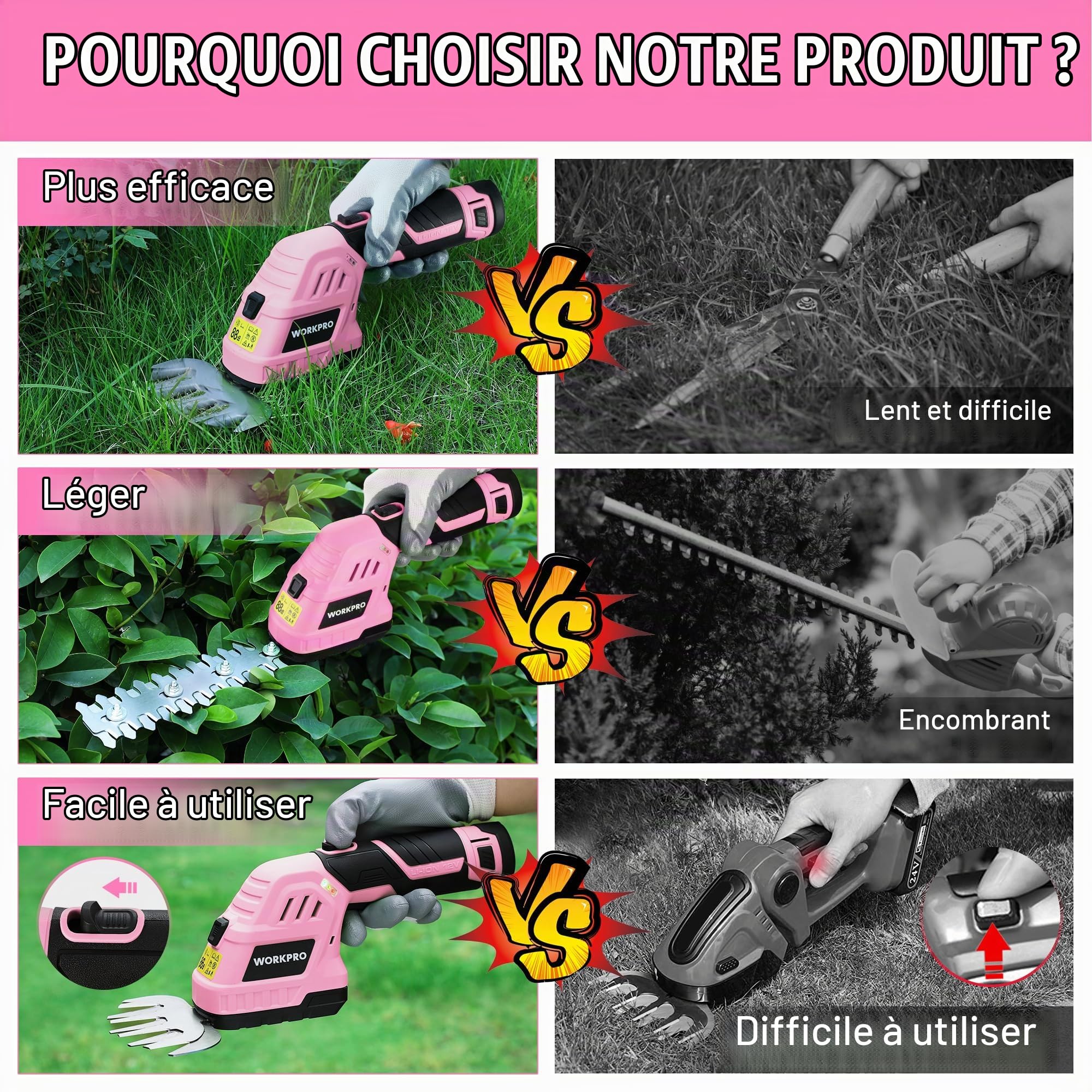 WORKPRO Cisaille Sculpte-Haie Electrique, Taille-Herbes sans Fil 12V | Cisaille à Gazon Batterie 2000mAh avec 2 Lames, Taille Haie Léger pour Coupe, Elagage, Noir & Rose
