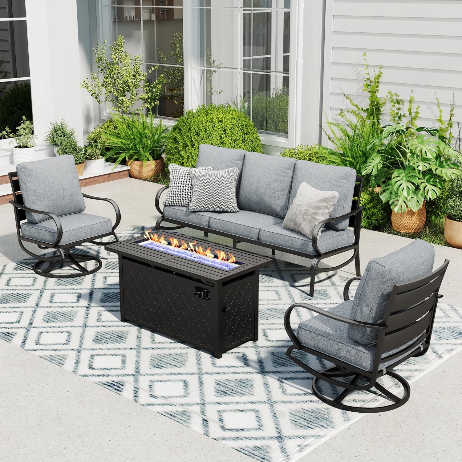 Sophia & William Patio Furniture Sets with 45" Gas Fire Pit Table Outdoor Metal Conversation Sets for 5, 2 x Swivel Cushioned Patio Sofa Chairs, 1 x 3-Seat Sofa 4 Pieces for Lawn Backyard Grey