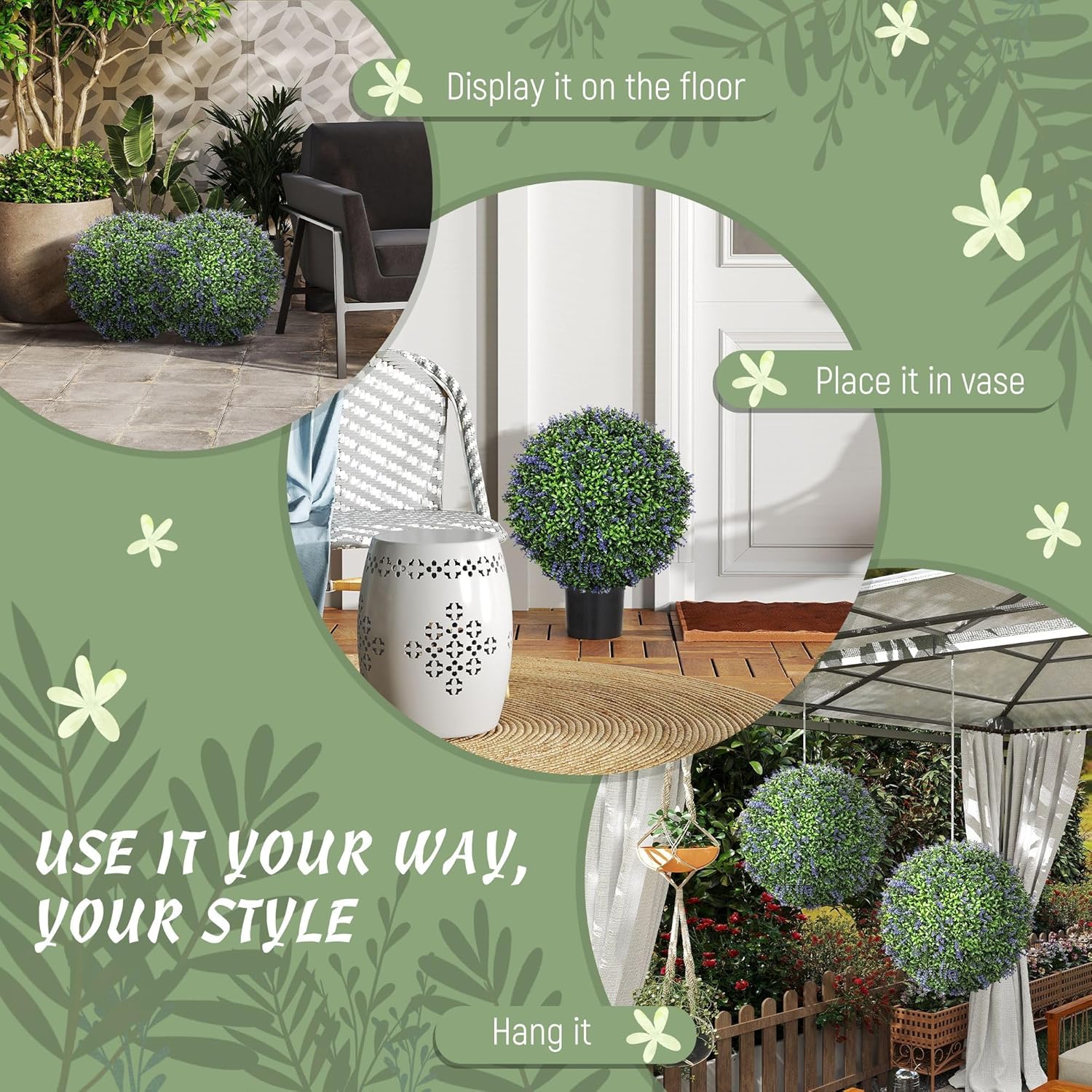 Faux Lavender Topiary Balls 2-Pack 16.5in Dia – 455 Leaves 225 Flowers UV-Stable PE Indoor Outdoor Artificial Plant Decor