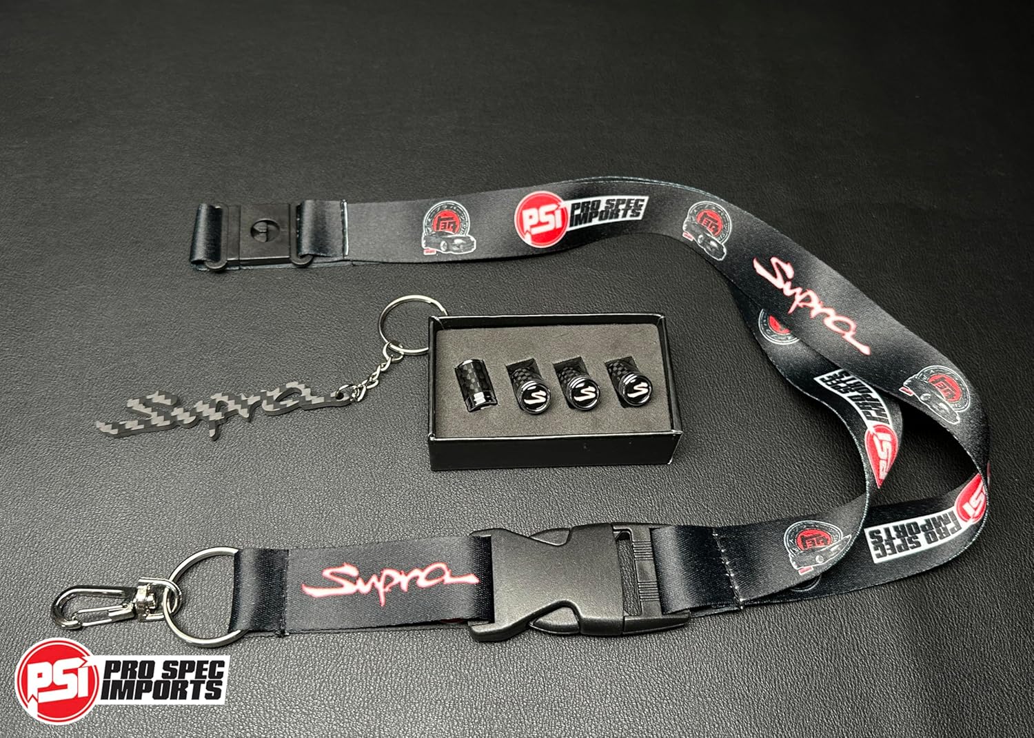 Carbon 3pc Supra Combo! Tire Valve stem caps + Keychain + Lanyard - for Toyota Supra GR A90 A91 (MK5), JZA80 (Mk4), A70 (Mk3), A60, Accessories Gift