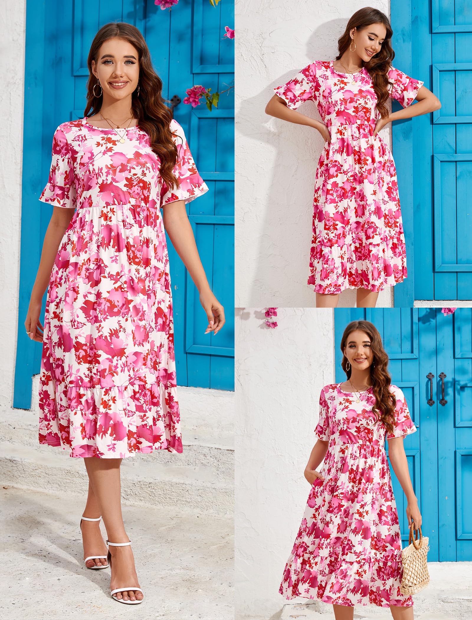 STYLEWORD Robe ete Femme Col Rond Robes sans Manches Couleur Unie Midi Robe D'été