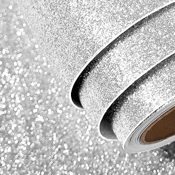FunStick 16"x240" Diamond Silver Glitter Wallpaper Peel and Stick Glitter Contact Paper for Cabinets Self Adhesive Sparkle Glitters Wall Paper Decor Removable Fabric Wallpaper for Bedroom Walls Crafts