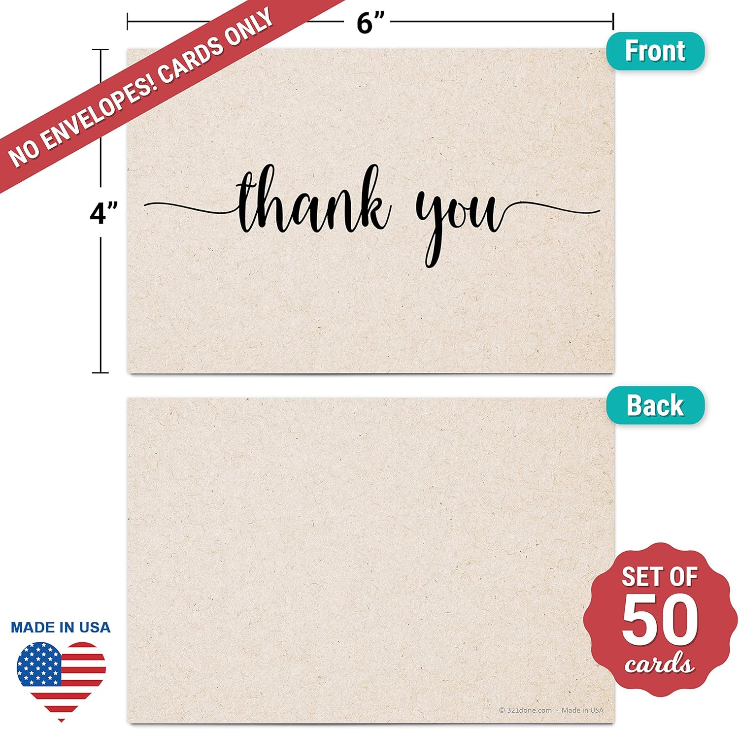 321Done Thank You Note Cards (Set of 50) 4x6 - Blank on Back - Made in USA, Cute Modern Script Kraft Tan Thick Cardstock, Large - Image 2
