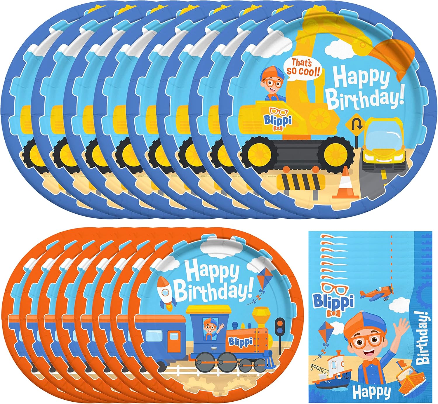 Treasures Gifted Officially Licensed Blippi Birthday Party Supplies - Serves 24 Guests - Blippi Vehicle Dinnerware Starter Set - Blippi Party Supplies - Blippi Excavator Plates & Blippi Napkins