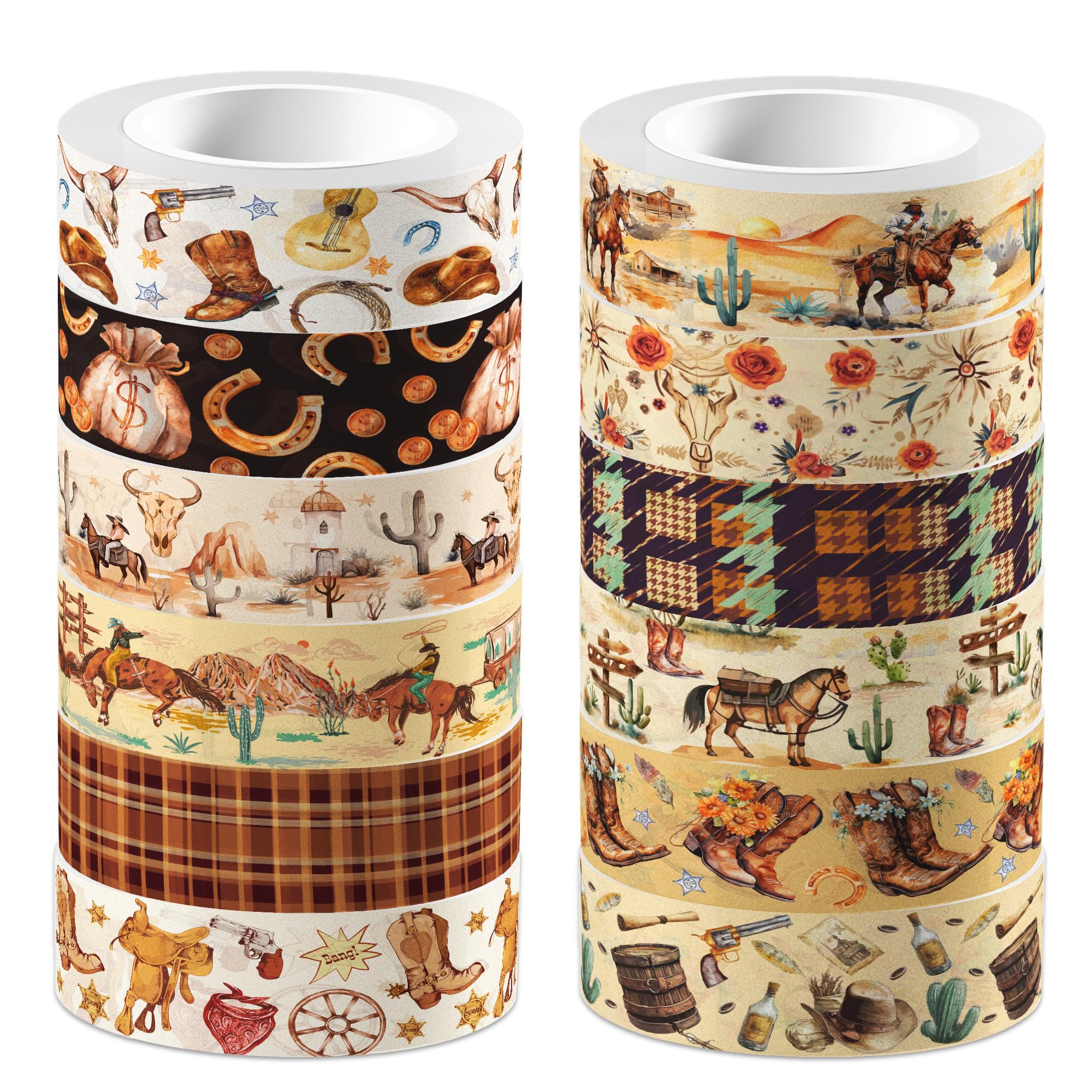 12 Pcs Western Cowboy Washi Tape Western Cowboy Masking Tape Western Cowboy Pattern Decorative Paper Sticker for Western Cowboy Party Holiday