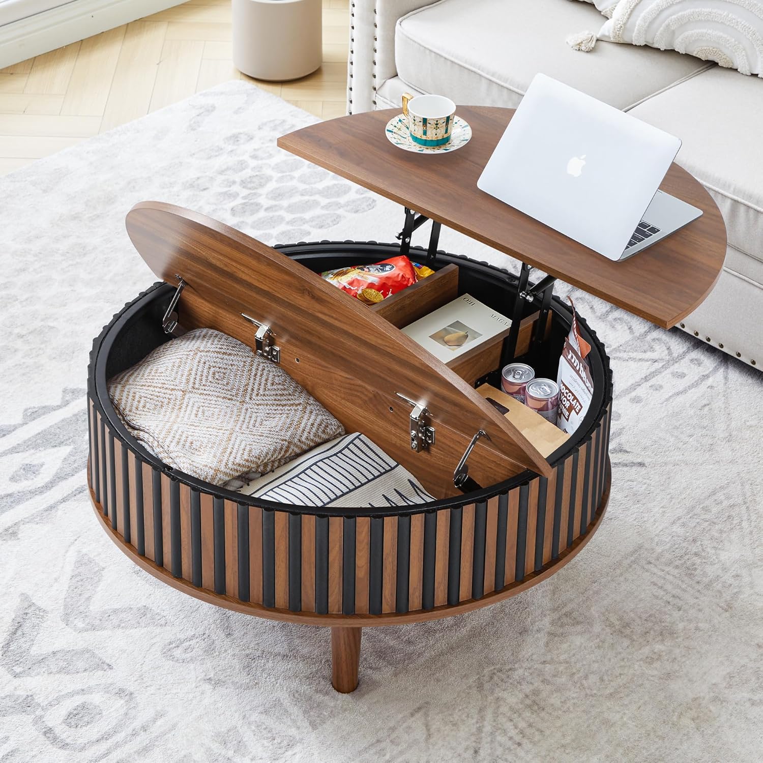 Round Lift Top Coffee Table with Storage, Fluted Mid Century Modern Coffee Tables, Small Space,31.5" Wooden Center Table for Living Room, Apartment, Office (Black Walnut)