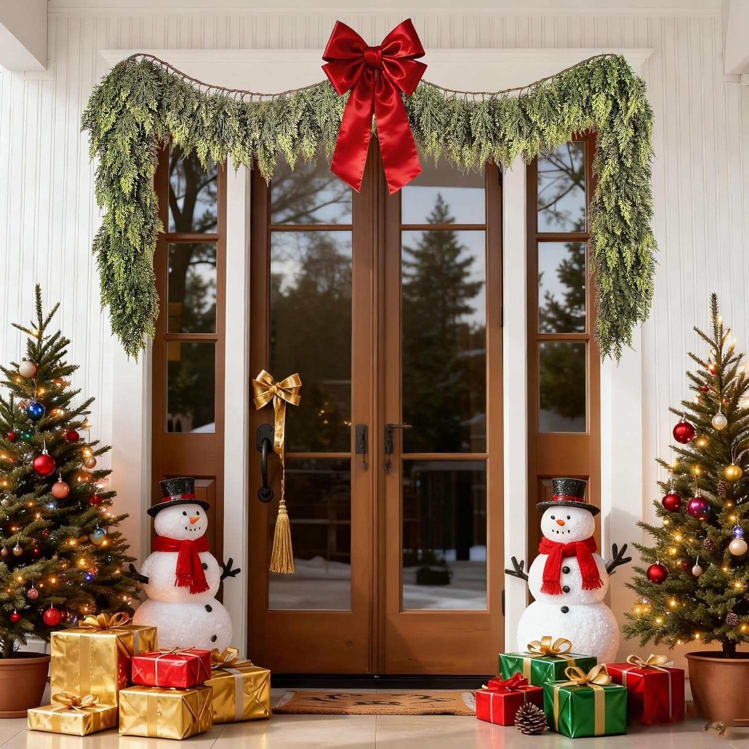 Cedar Christmas Garland with Lights, Decorations 9Ft Artificial Real Touch Thickness Greenery Pine Pre-Lit Garland, Thickness Faux Cedar Garlands for Vintage Christmas Mantle Decor