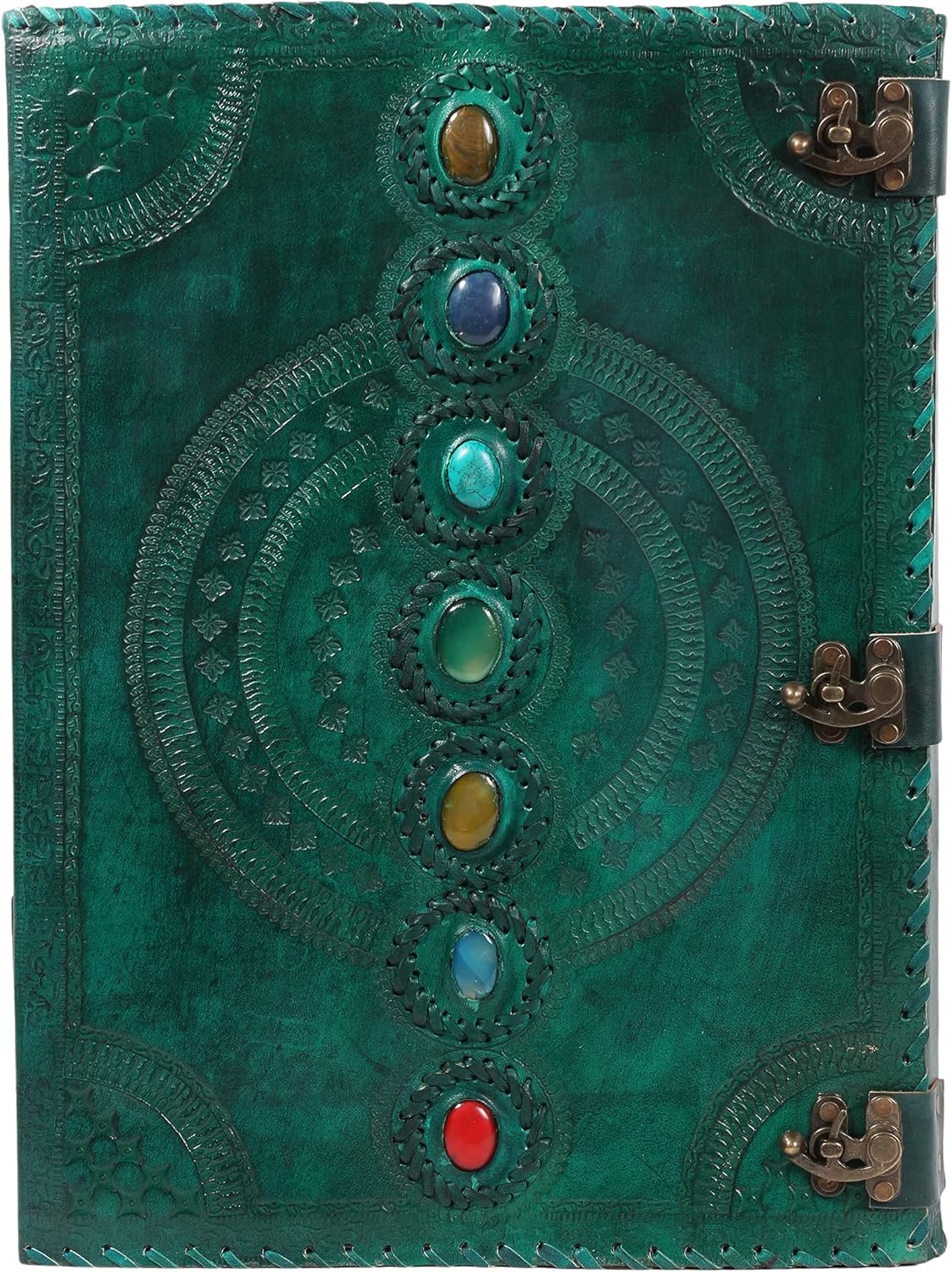 Tuzech Seven Chakra Medieval Stone Embossed Handmade Jumbo Leather Journal Book of Shadows Notebook Seven Chakra Office Diary College Poetry Sketch (Yellow, 10 x 7 Inches)