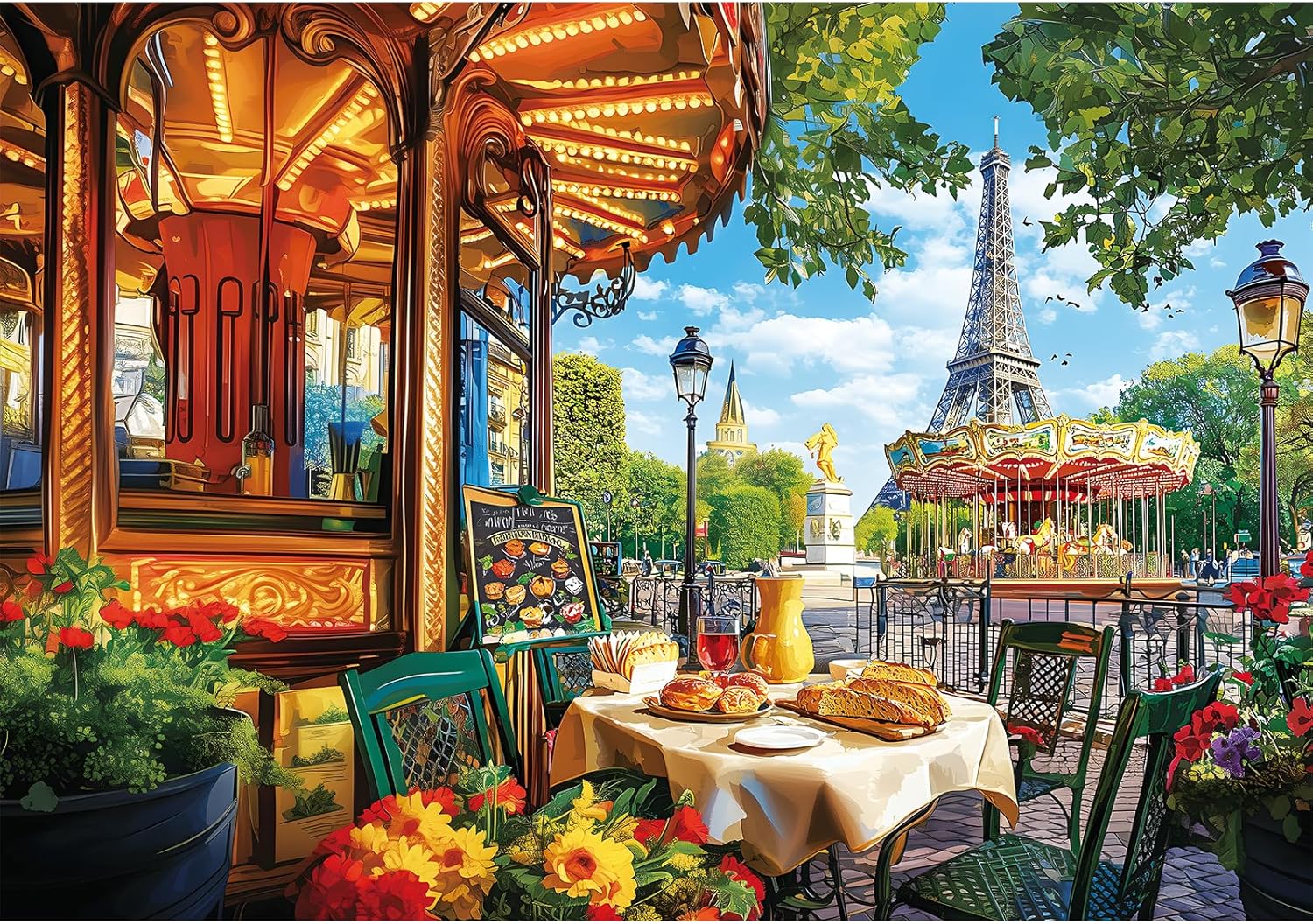 2000 Piece Puzzle for Adults, Romantic Paris Street Scene with Eiffel Tower, Carousel, and Café, Challenging Jigsaw Puzzle Gift for Travel and Art Lovers, Finished Size 39" x 28"