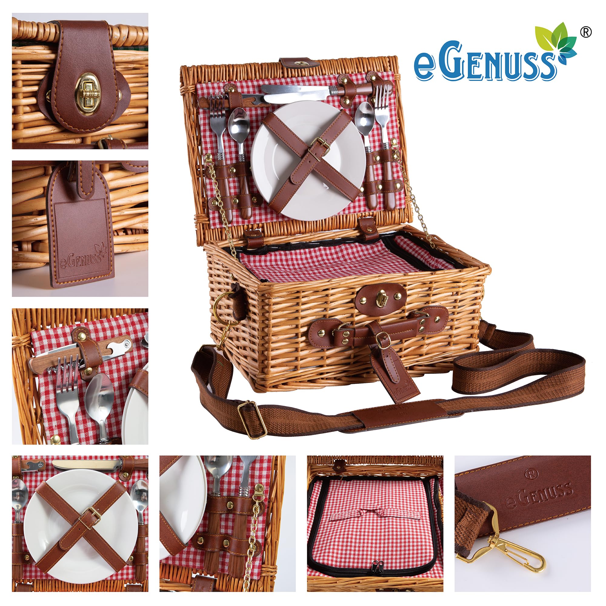 Cestino da picnic in vimini per 2 Persone con tracolla rimovibile, scomparto frigo e accessori inclusi | ROSSO