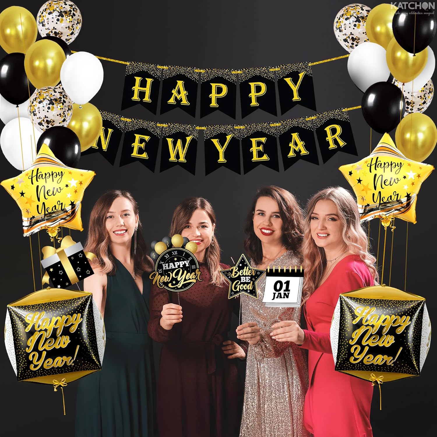 KatchOn, New Years Eve Party Supplies 2026 - Huge, Set of 76 | Black and Gold Happy New Year Banner, 2026 Balloon Numbers | New Year Foil Balloons, New Years Photo Booth Props | NYE Decorations 2026