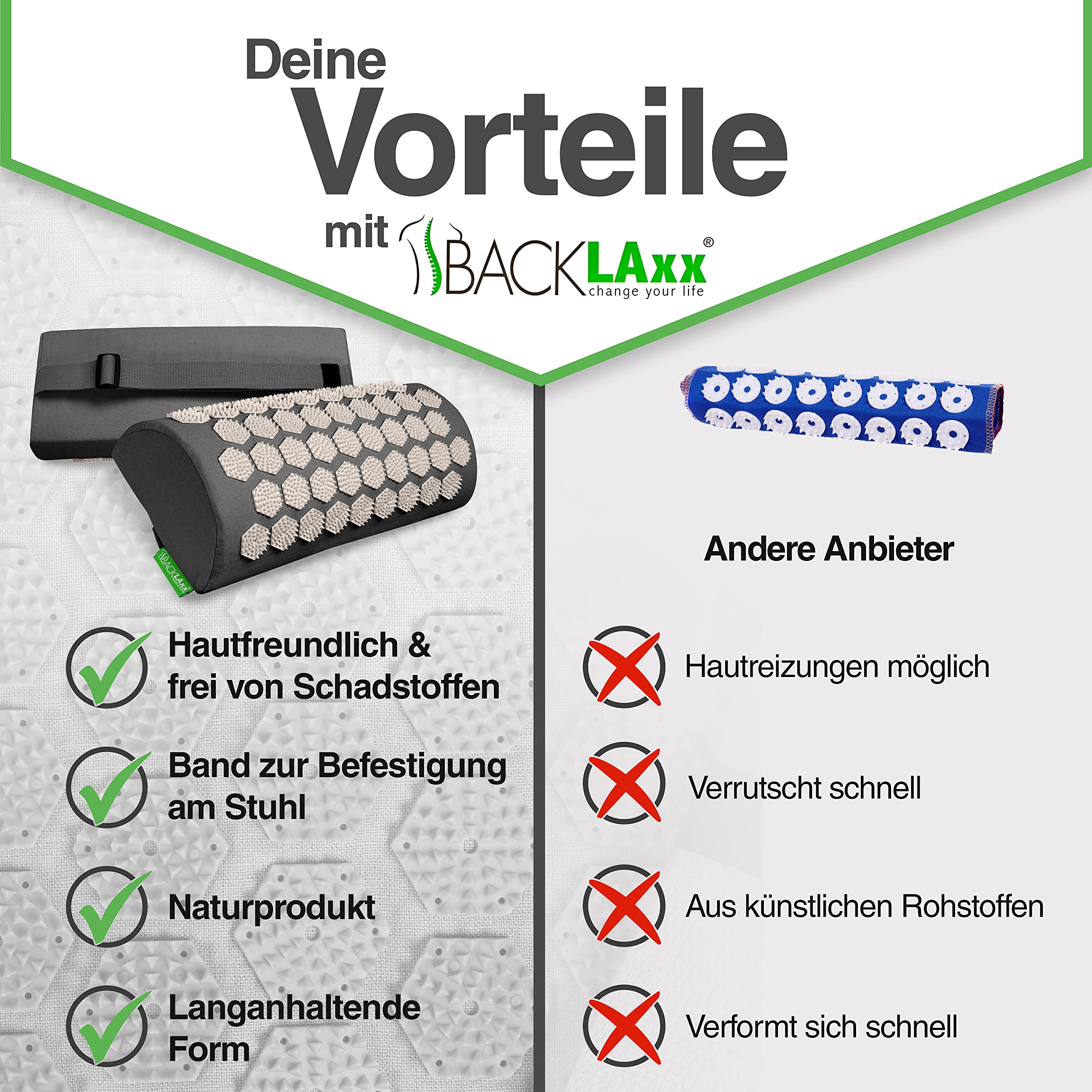 BACKLAXX® Rullo Cervicale Agopressione 2592 Punte, Cuscino Agopressione | Cuscino agopressione & rullo cervicale 40x15x10 cm con fodera & fascetta, mezzo lino & caucciù, collo & spalle
