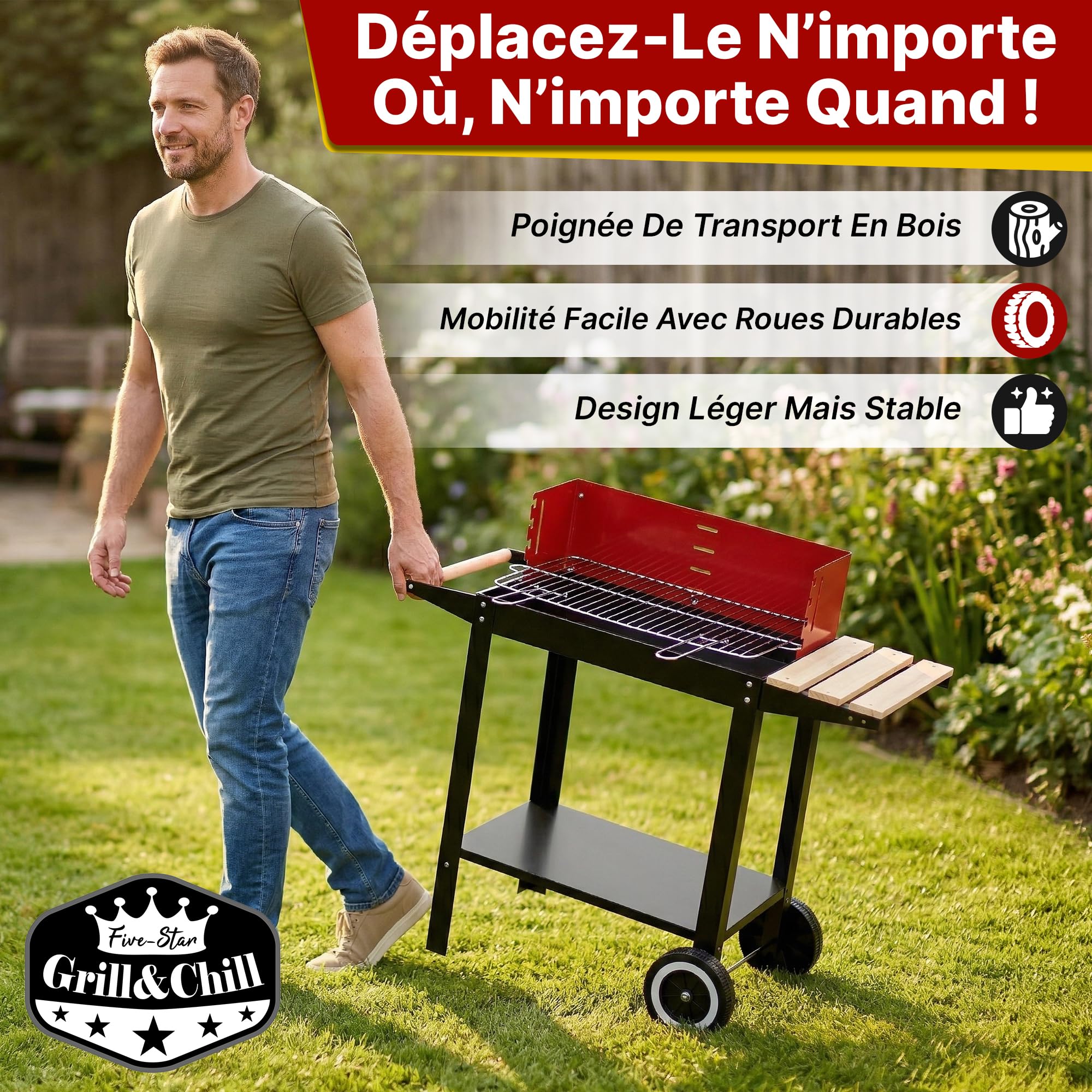 Gril de jardin à charbon de bois 50 × 26,5 cm avec deux roues de transport