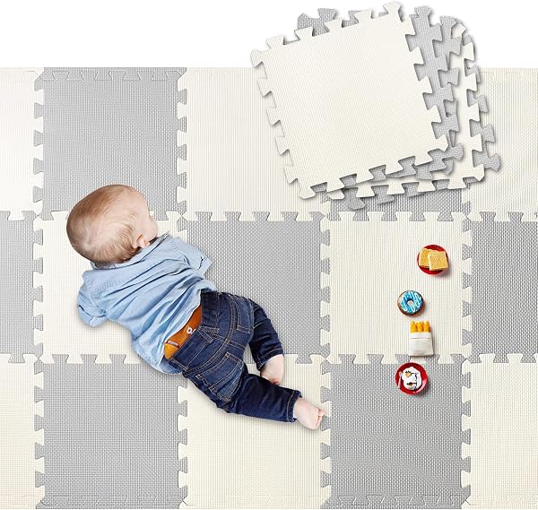 LIVINGbasics Baby Play Mat, 1cm Cushioned 18 pcs Puzzle EVA Foam Exercise Play Mat 1.62 Sqm Coverage Interlocking Floor Tiles, Portable Crawling Floor Mats for Kids Toddler - 1