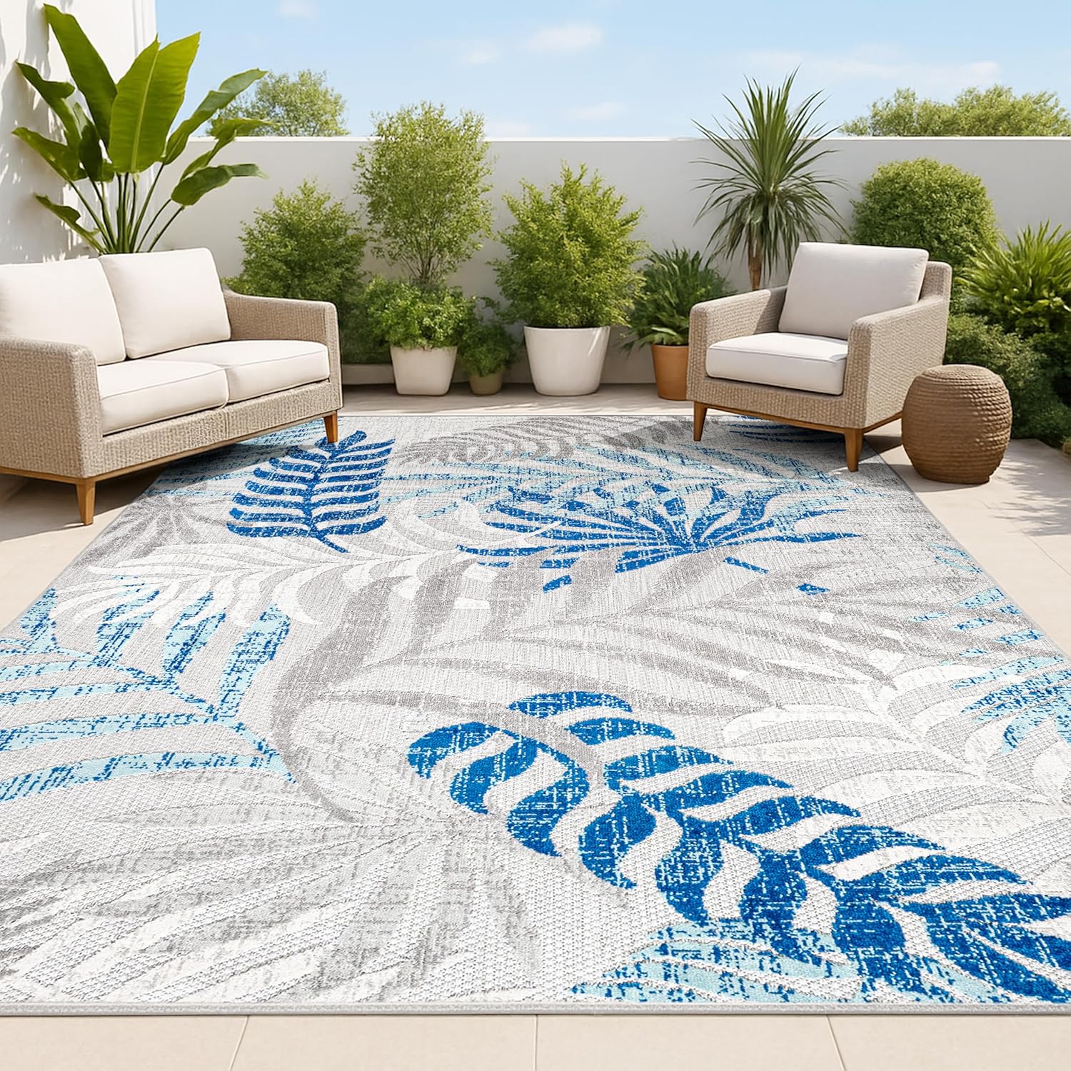 JONATHAN Y Tropics Palm Leaves 3x5 Outdoor Rug Gray/Blue Boho - Indoor/Outdoor Pet-Friendly Easy Clean High-Traffic Area Rug